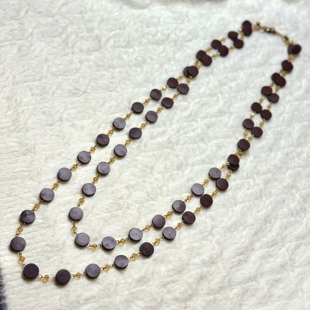 Natasha Beaded Wood Disc Layered Necklace Gold Tone Amber Faceted Beads